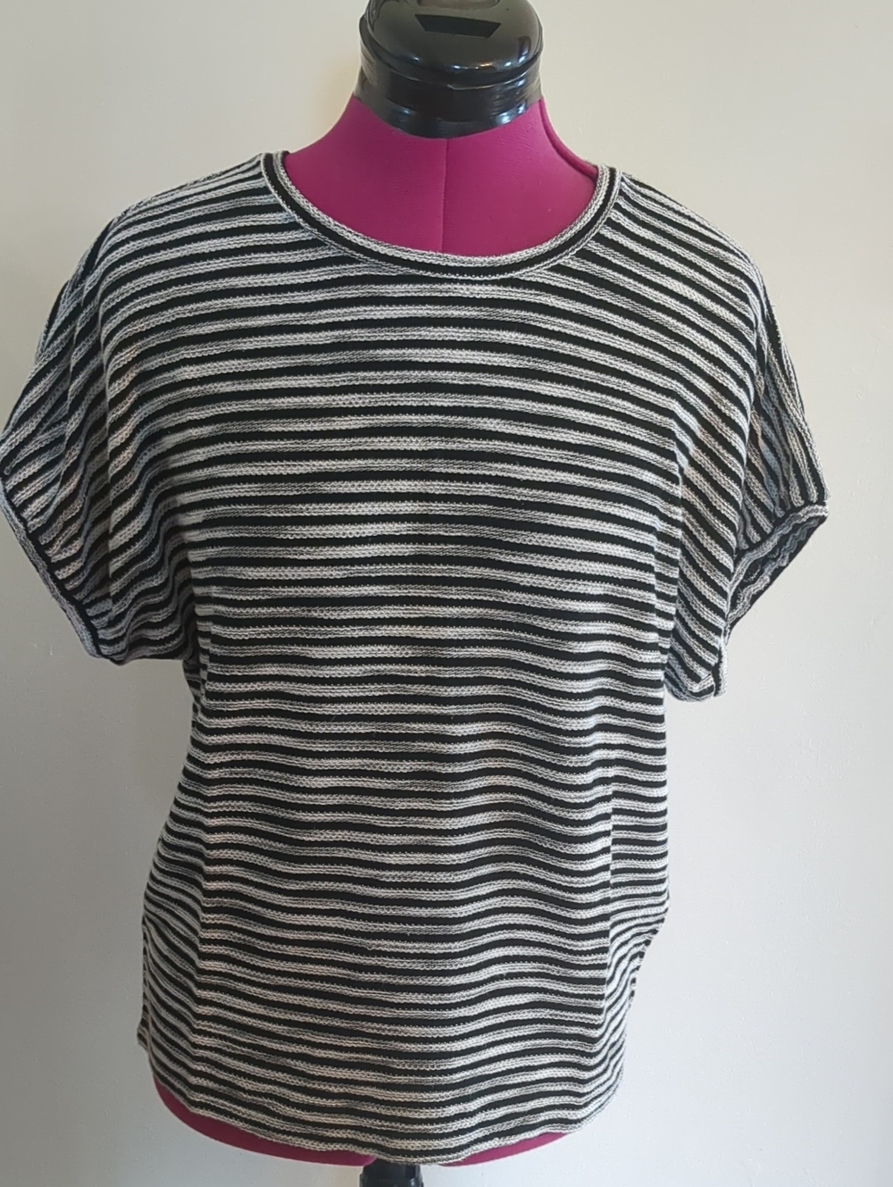 Loft Oversized Striped Cap Sleeve Lightweight Knit Top Black/Cream SP